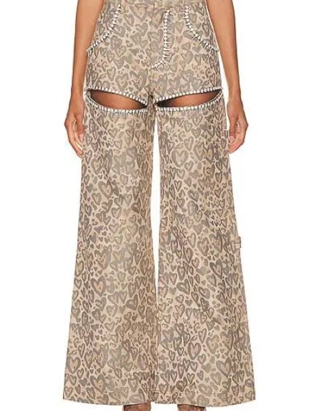 AREA Taupe Heart-Print Wide-Leg Cutout Jeans